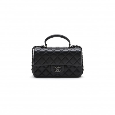 CHANEL LAMBSKIN QUILTED MINI TOP HANDLE RECTANGULAR FLAP SO BLACK AS2431 (20*12*6cm)